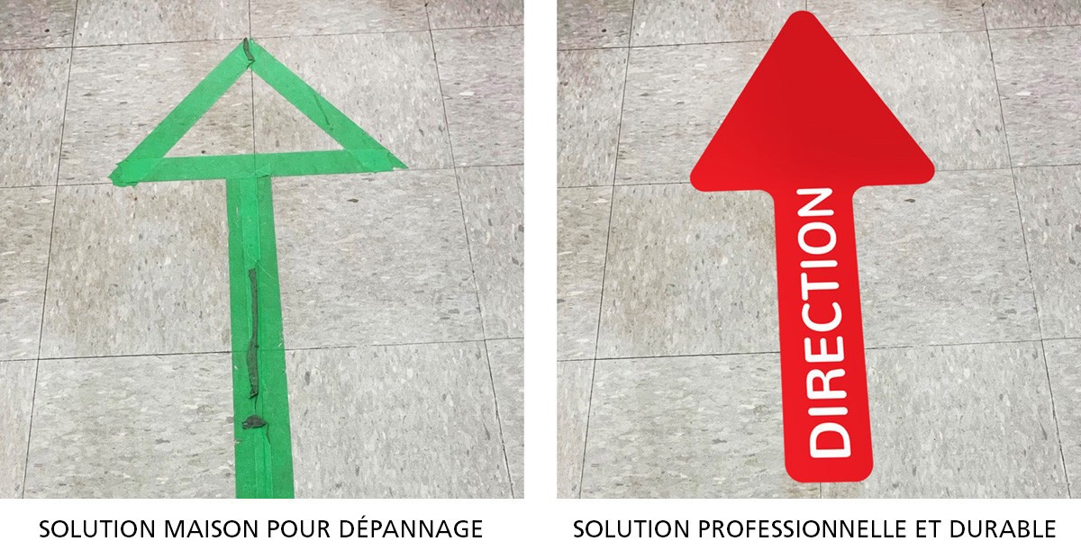 Comparaison d'autocollants de distanciation fait maison et fait par des professionnels