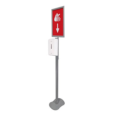 Distributeur automatique de désinfectant sur pied avec petite affiche