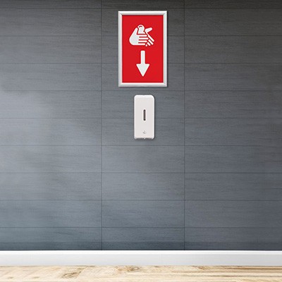Distributeur mural et automatique pour désinfectant avec affiche